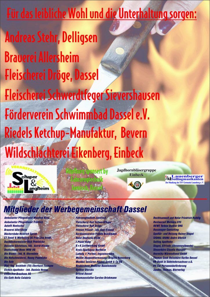 Plakat Dassel grillt an: wer für Essen und Unterhaltung sorgt